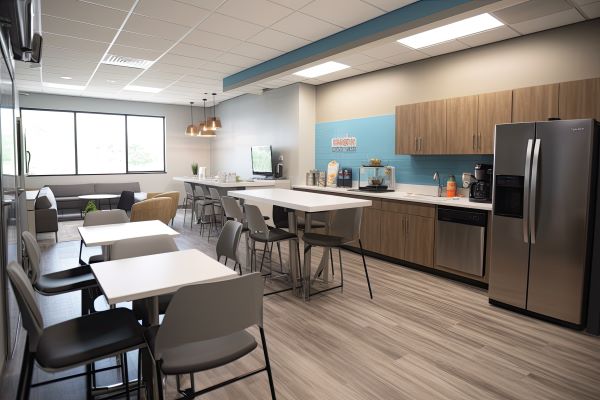 employee breakroom with tables, chairs, fridge, blue wall