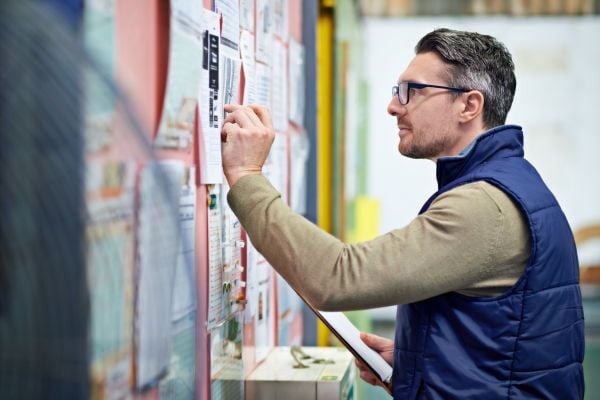 Man looking at posters on a bulletin board