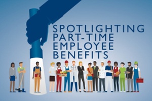 Spotlighting part-time employee benefits, with an illustrated hand holds a flashlight over a row of part-time employees