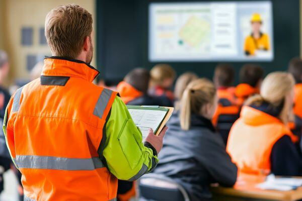 Man in orange vest looking at OSHA report