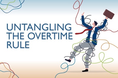 untangling the overtime rule text, illustrated man trying to get out of a tangled rope to the right of the text